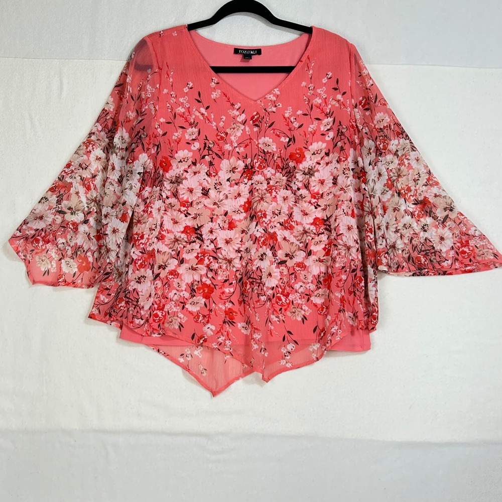 Roz & Ali Coral Floral Sheer‎ Bell Sleeve Tunic Top Size L